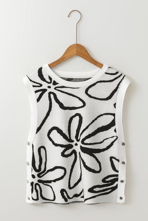 Graphic Floral Side Button Sleeveless Knit Top