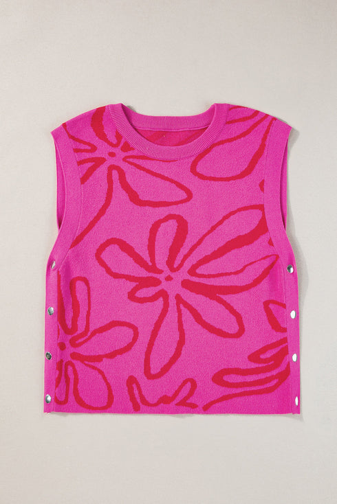 Graphic Floral Side Button Sleeveless Knit Top