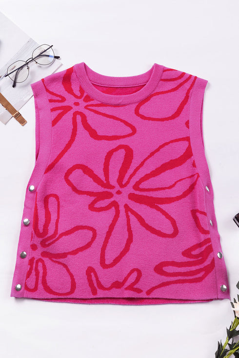 Graphic Floral Side Button Sleeveless Knit Top