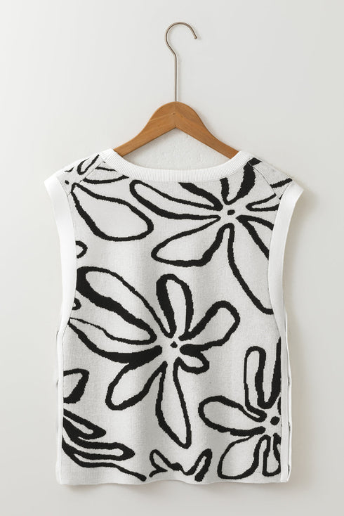 Graphic Floral Side Button Sleeveless Knit Top