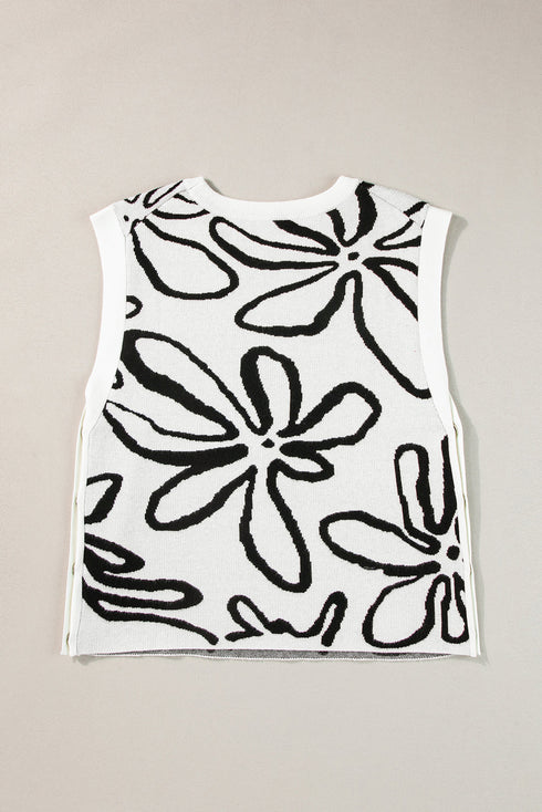 Graphic Floral Side Button Sleeveless Knit Top