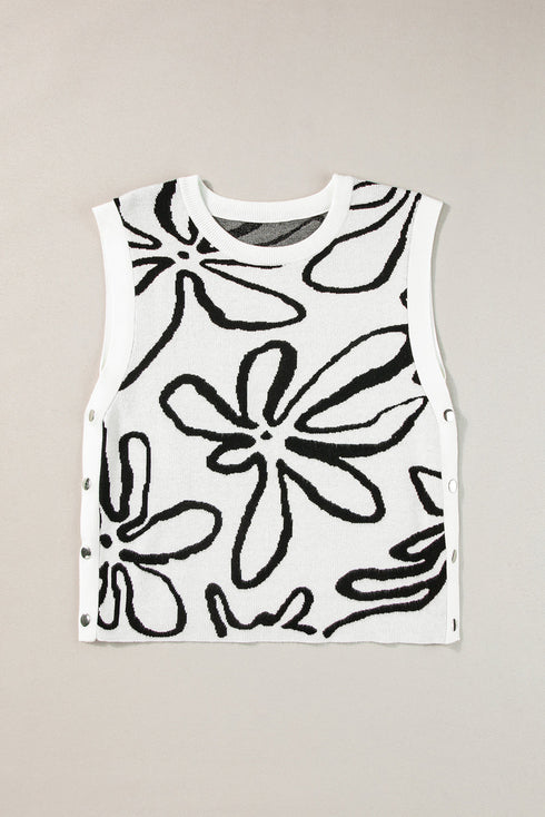 Graphic Floral Side Button Sleeveless Knit Top