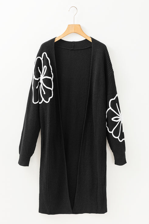 Graphic Floral Sleeve Open Front Longline Cardigan