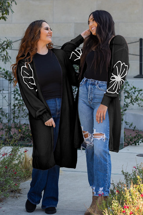 Graphic Floral Sleeve Open Front Longline Cardigan