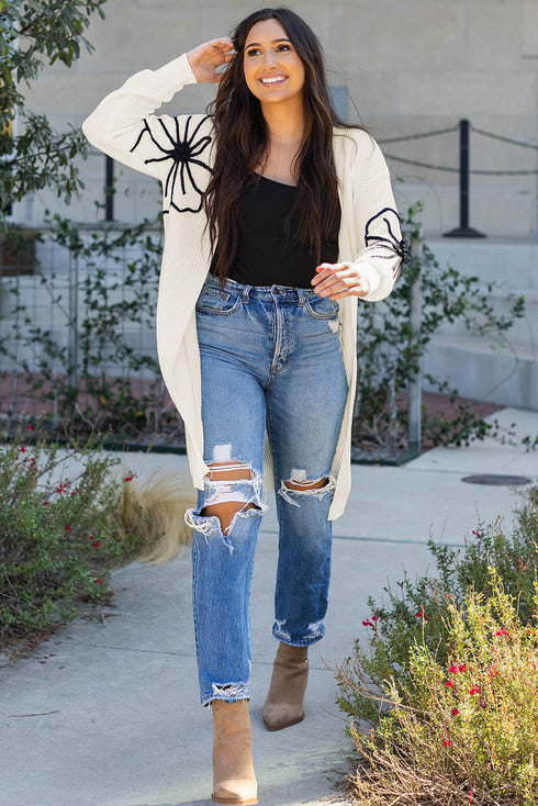 Graphic Floral Sleeve Open Front Longline Cardigan