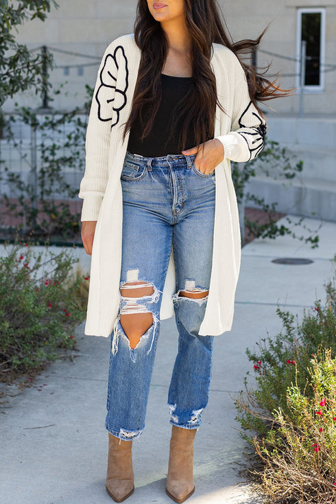 Graphic Floral Sleeve Open Front Longline Cardigan