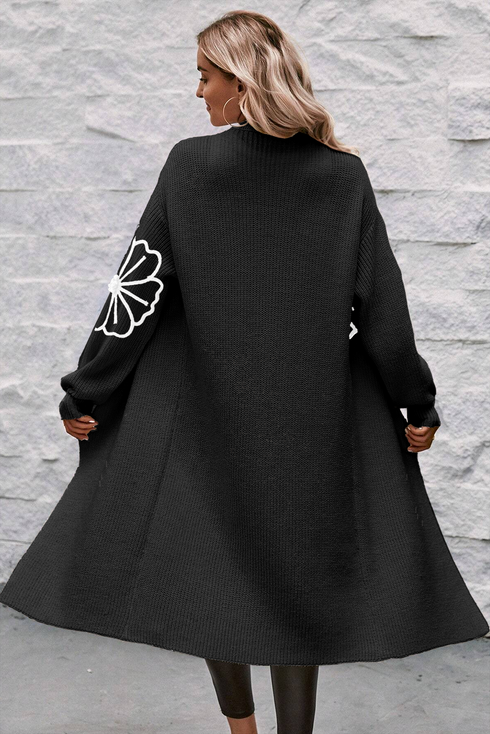 Graphic Floral Sleeve Open Front Longline Cardigan