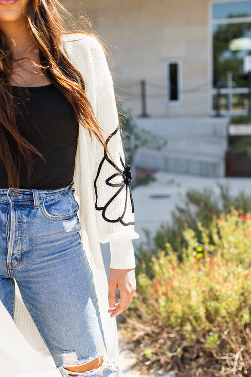 Graphic Floral Sleeve Open Front Longline Cardigan
