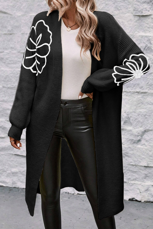 Graphic Floral Sleeve Open Front Longline Cardigan