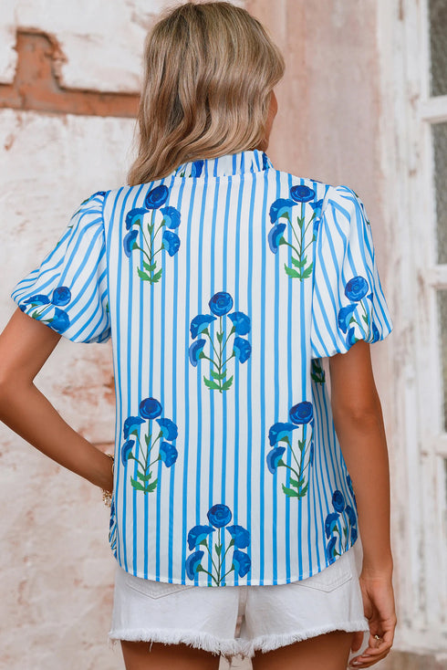 Graphic Floral Striped Print Ruffle Neck Button Down Blouse