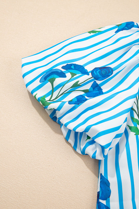 Graphic Floral Striped Print Ruffle Neck Button Down Blouse