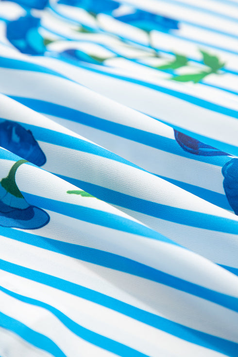 Graphic Floral Striped Print Ruffle Neck Button Down Blouse