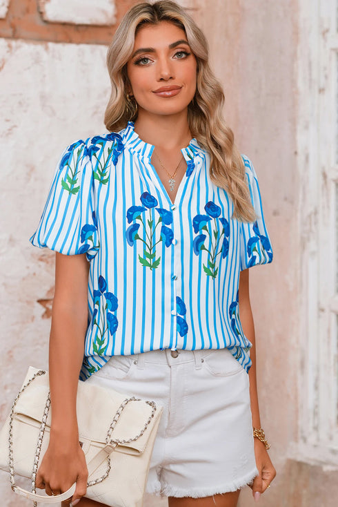 Graphic Floral Striped Print Ruffle Neck Button Down Blouse
