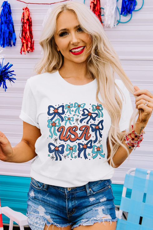 Graphic Letter And Bow Print Short Sleeve Tee