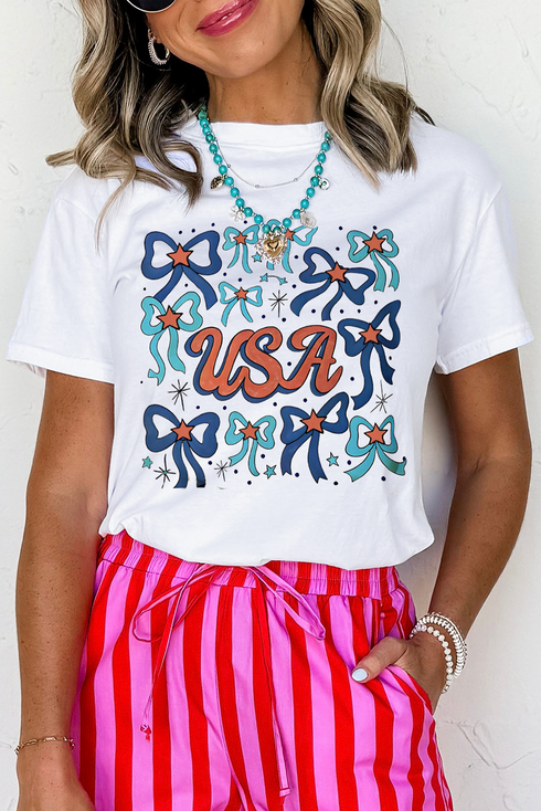 Graphic Letter And Bow Print Short Sleeve Tee