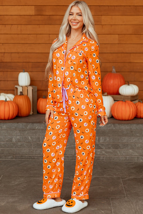 Graphic Print Lapel Collar Wide Leg Pajama Set