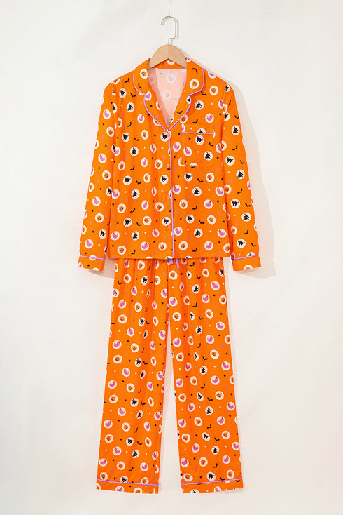 Graphic Print Lapel Collar Wide Leg Pajama Set