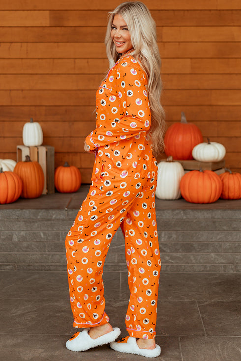 Graphic Print Lapel Collar Wide Leg Pajama Set