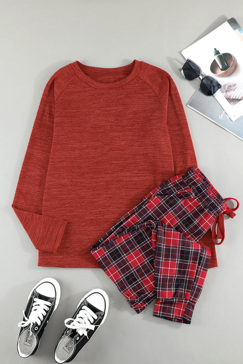 Graphic Print Raglan Top Plaid Jogger Pajama Set
