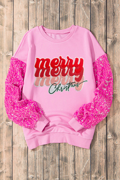 Graphic Print Sequin Sleeve Patchwork Crew Neck Sweatshirt