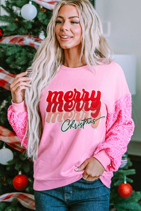 Graphic Print Sequin Sleeve Patchwork Crew Neck Sweatshirt