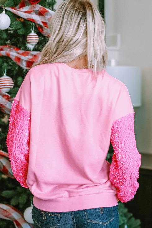 Graphic Print Sequin Sleeve Patchwork Crew Neck Sweatshirt