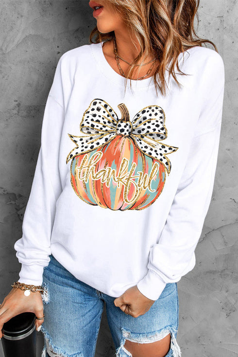 Graphic Pumpkin Print With Bow Crew Neck Sweatshirt