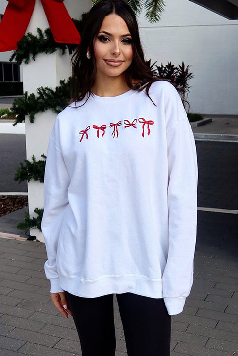 Graphic Ribbon Bow Crew Neck Pullover Sweatshirt