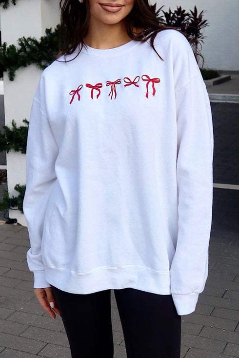 Graphic Ribbon Bow Crew Neck Pullover Sweatshirt