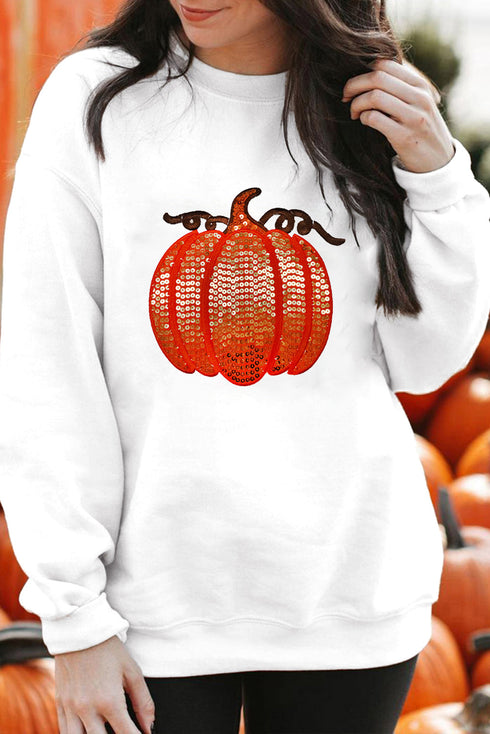 Graphic Sequin Pumpkin Crew Neck Pullover Sweatshirt