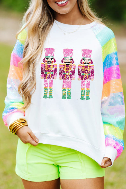 Graphic Sequin Sleeve Crew Neck Pullover Sweatshirt