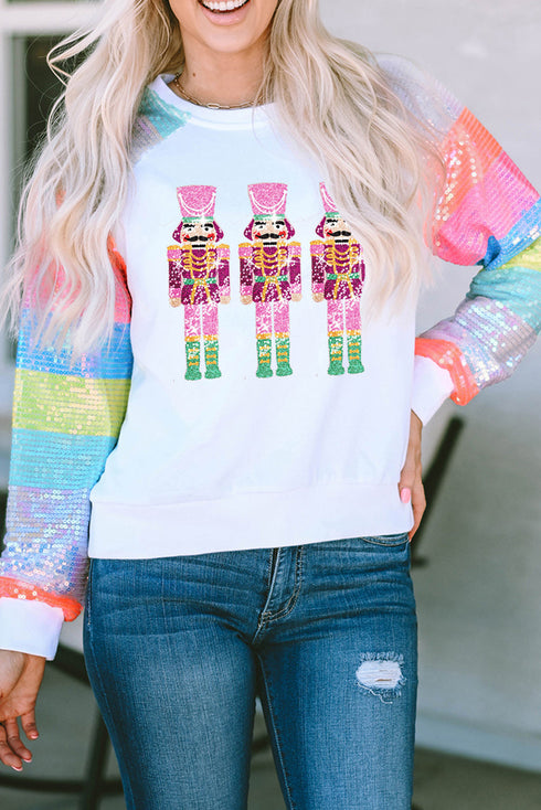 Graphic Sequin Sleeve Crew Neck Pullover Sweatshirt