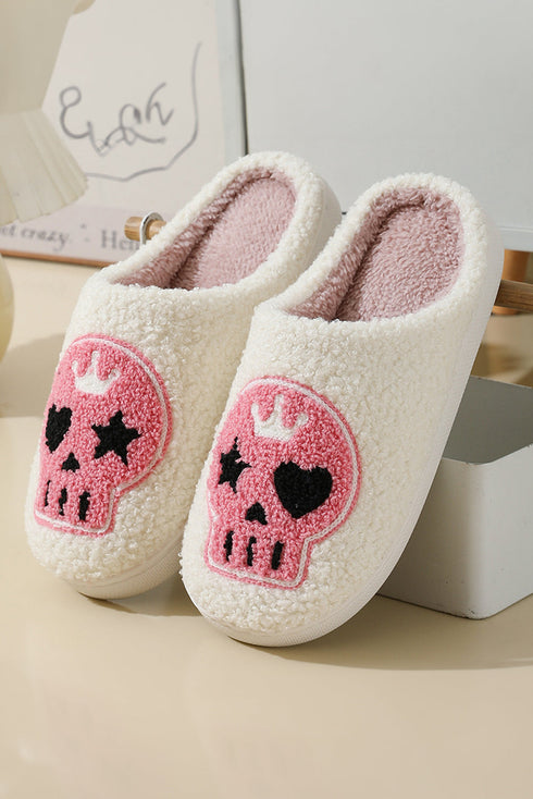 Graphic Skull Print Plush Fleece Round Toe Slip On Slippers
