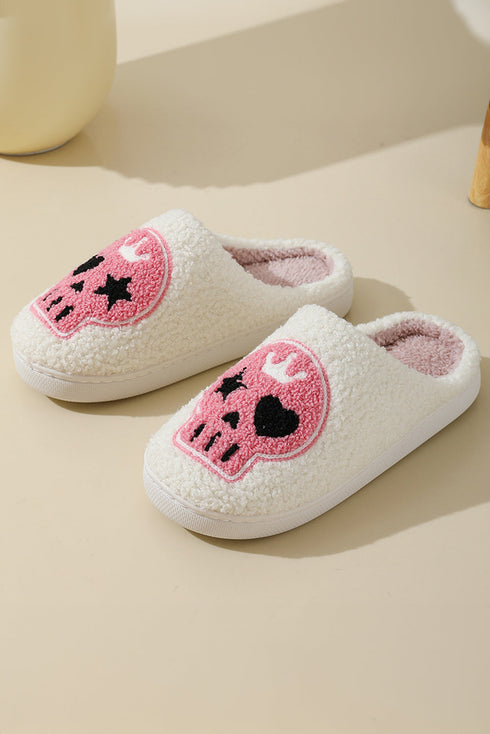 Graphic Skull Print Plush Fleece Round Toe Slip On Slippers