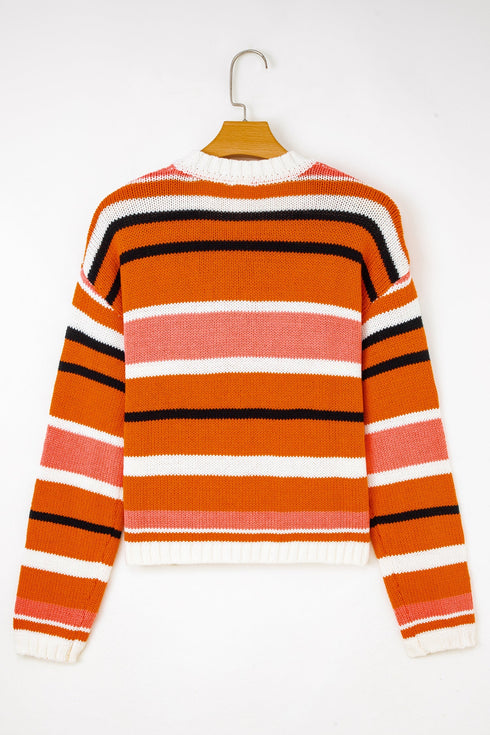 Graphic Spliced Stripe Drop Shoulder Cropped Pullover Sweater