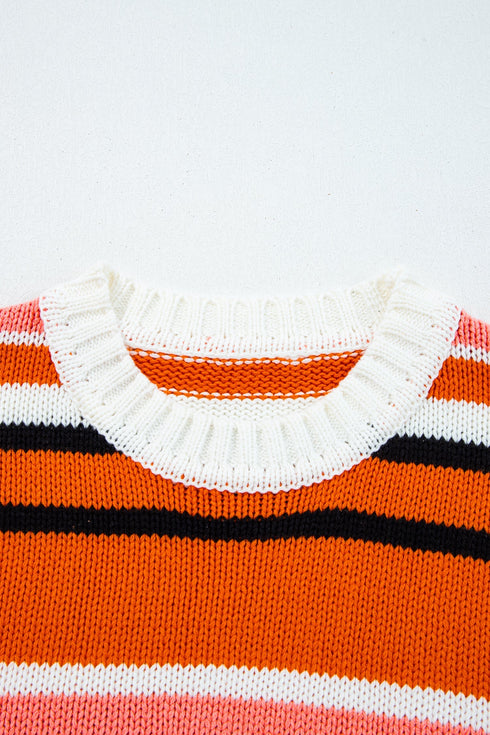 Graphic Spliced Stripe Drop Shoulder Cropped Pullover Sweater