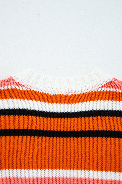 Graphic Spliced Stripe Drop Shoulder Cropped Pullover Sweater
