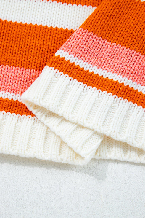 Graphic Spliced Stripe Drop Shoulder Cropped Pullover Sweater