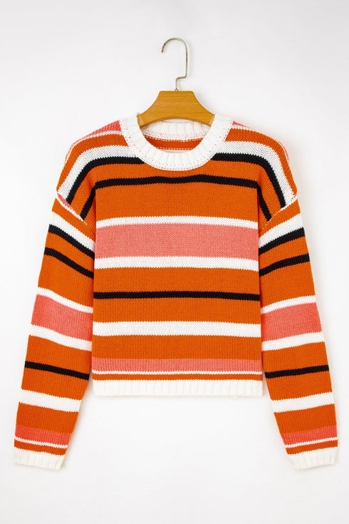 Graphic Spliced Stripe Drop Shoulder Cropped Pullover Sweater