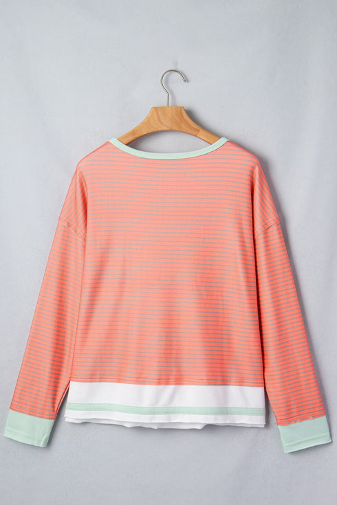Graphic Stripe Raw Seam Trim Detail Long Sleeve Top