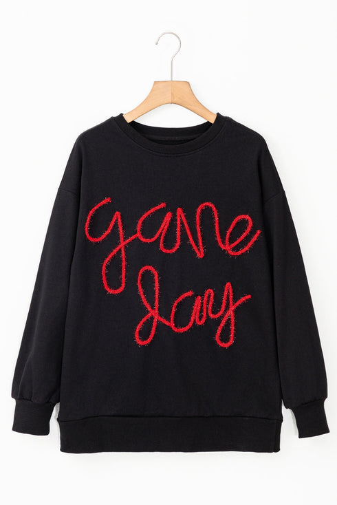 Graphic Textured Script Crew Neck Pullover Sweatshirt