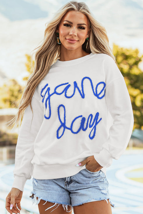 Graphic Textured Script Crew Neck Pullover Sweatshirt