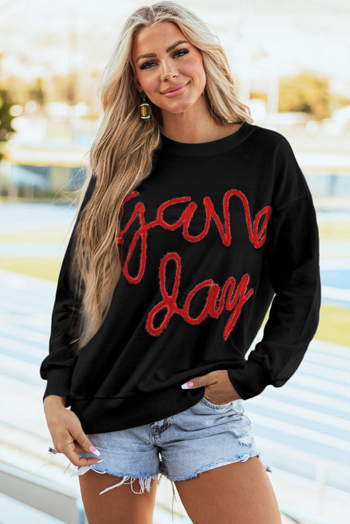 Graphic Textured Script Crew Neck Pullover Sweatshirt