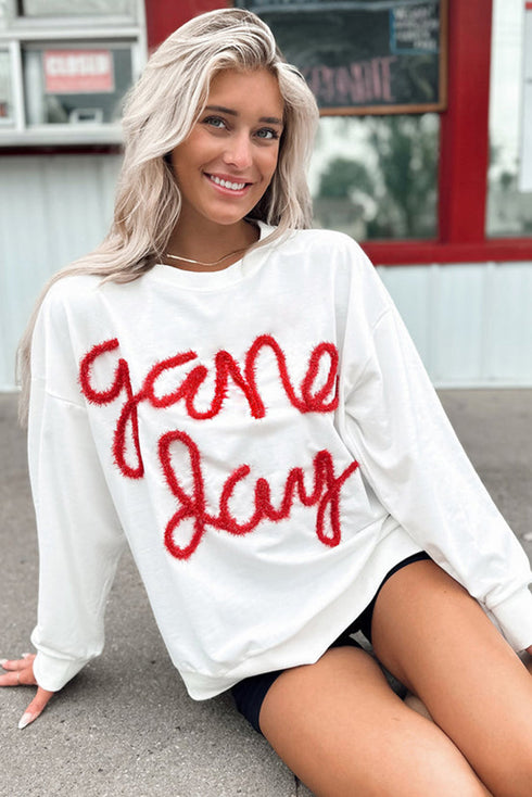 Graphic Textured Script Crew Neck Pullover Sweatshirt