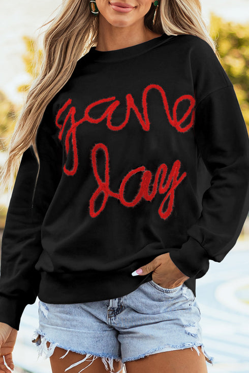 Graphic Textured Script Crew Neck Pullover Sweatshirt