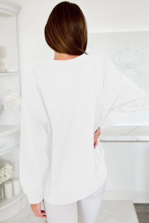 Graphic Textured Script Crew Neck Pullover Sweatshirt
