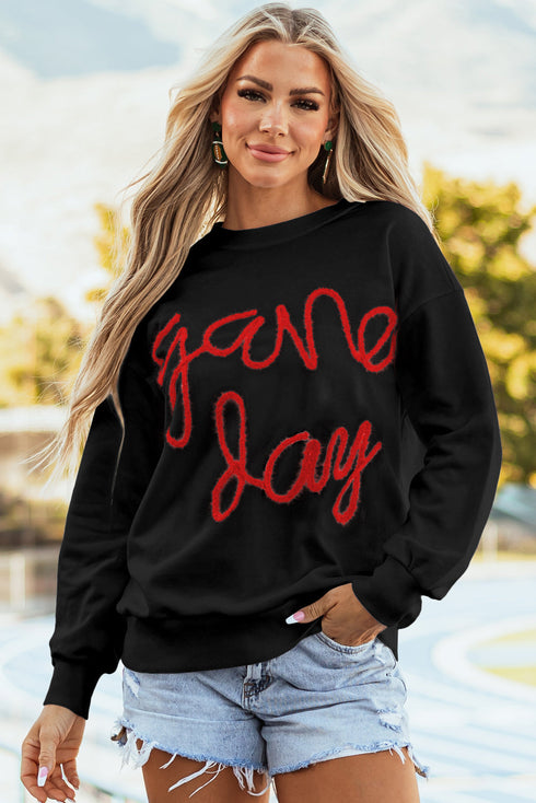 Graphic Textured Script Crew Neck Pullover Sweatshirt