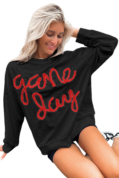 Graphic Textured Script Crew Neck Pullover Sweatshirt