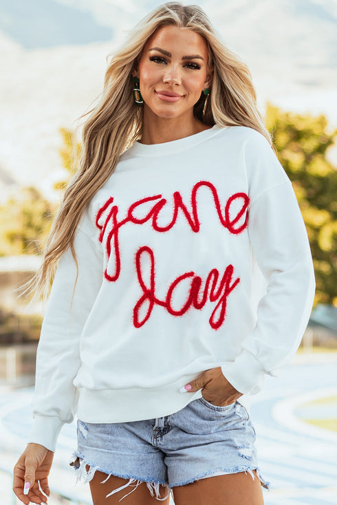 Graphic Textured Script Crew Neck Pullover Sweatshirt
