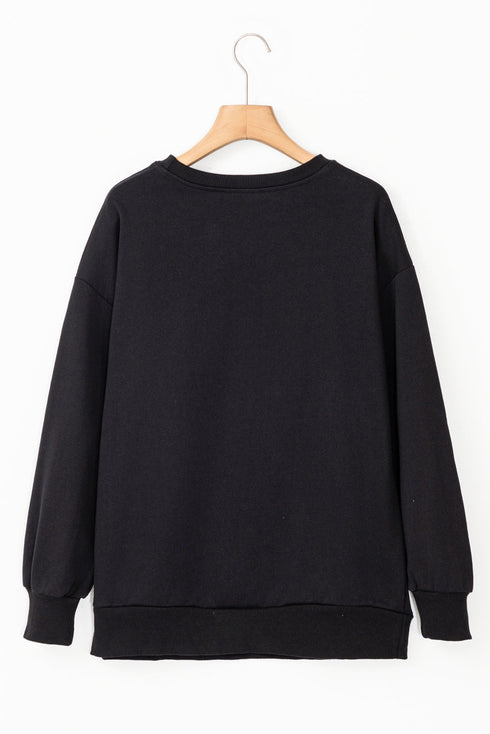 Graphic Textured Script Crew Neck Pullover Sweatshirt